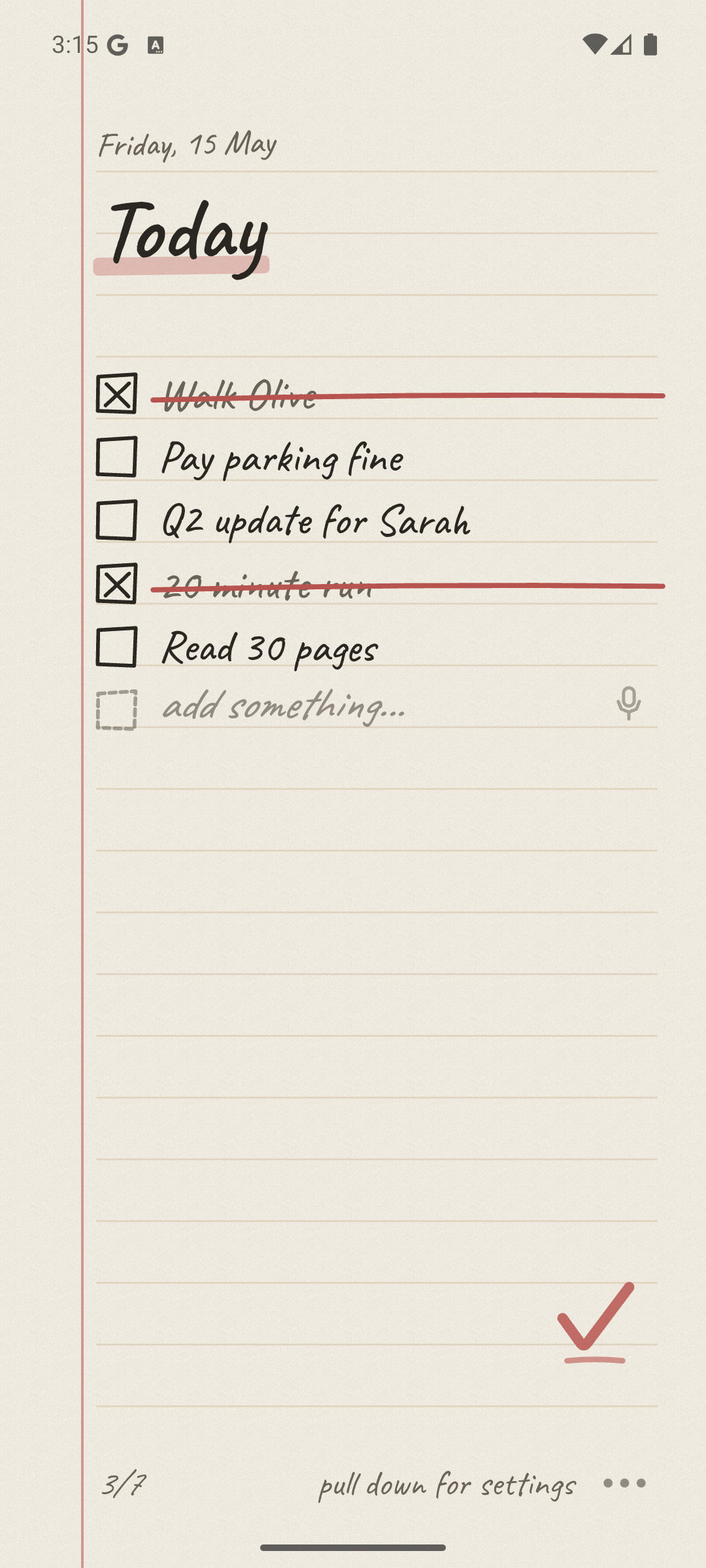 A screenshot of 7daily on Android, showing five items on a cream notebook page.
